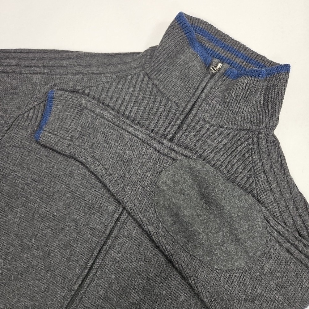 Ibex Mens Large Merino Wool Full Zip Sweater Gray Blue Mock Neck Elbow Patches